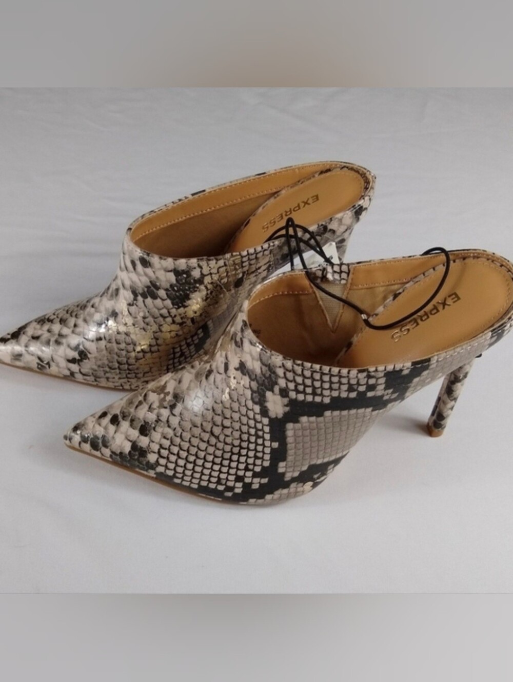 Express Women's Snake-Print Pointed Toe Mules in Neutral